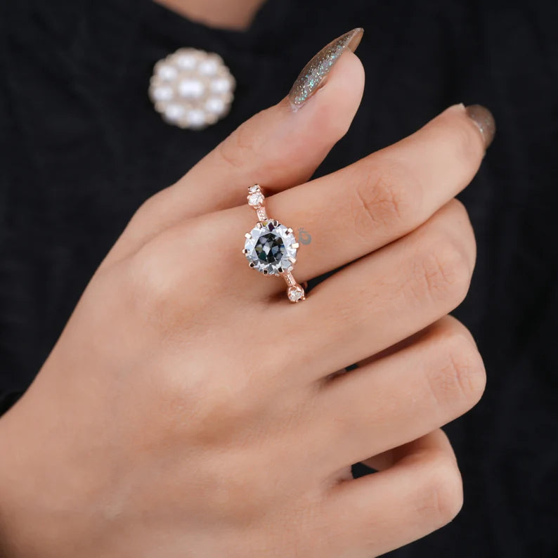 Dark Gray Round OEC Moissanite Engagement Ring, Hidden Halo, 10K Rose Gold