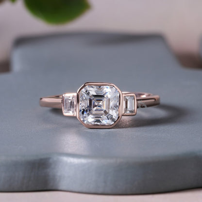 1.5TW Asscher Moissanite Three Stone Bezel Engagement Ring, 14K Rose Gold