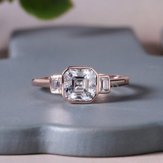 1.5TW Asscher Moissanite Three Stone Bezel Engagement Ring, 14K Rose Gold