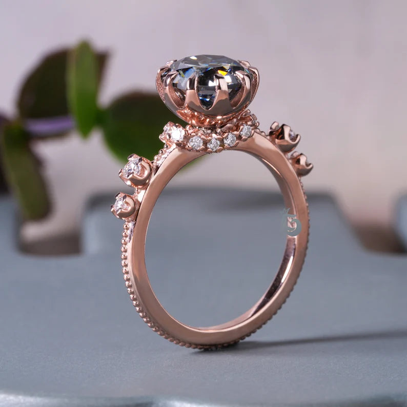 Dark Gray Round OEC Moissanite Engagement Ring, Hidden Halo, 10K Rose Gold