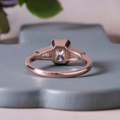 Radiant Cut Moissanite Bezel Ring, Three Stone Baguette, 14K Rose Gold