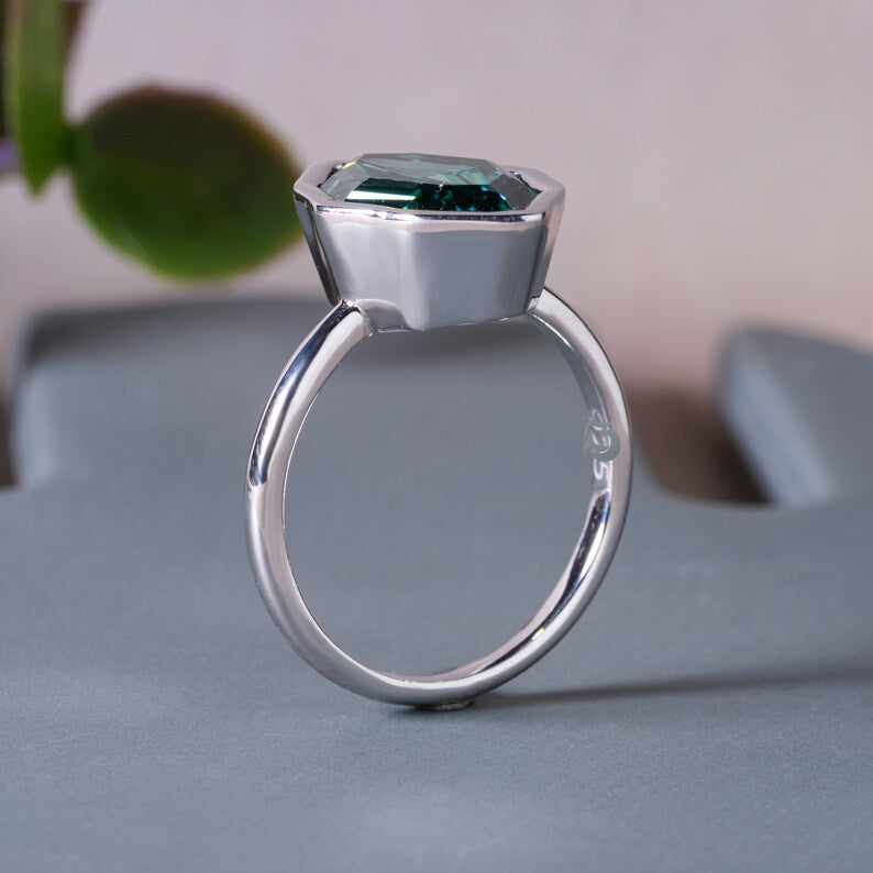 2.30CT Dutch Step Cut Greenish Blue Moissanite Ring, Bezel Set, 18K White Gold