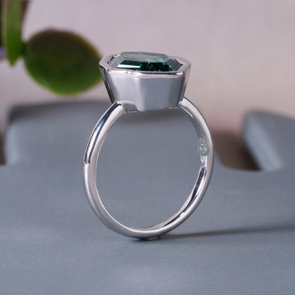 2.30CT Dutch Step Cut Greenish Blue Moissanite Ring, Bezel Set, 18K White Gold