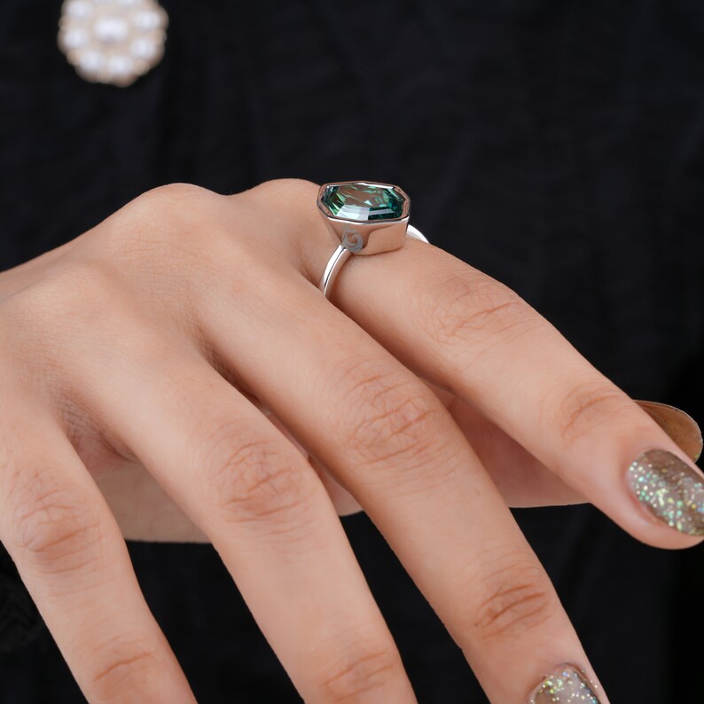 2.30CT Dutch Step Cut Greenish Blue Moissanite Ring, Bezel Set, 18K White Gold