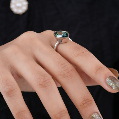 2.30CT Dutch Step Cut Greenish Blue Moissanite Ring, Bezel Set, 18K White Gold