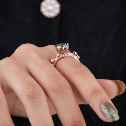 Dark Gray Round OEC Moissanite Engagement Ring, Hidden Halo, 10K Rose Gold
