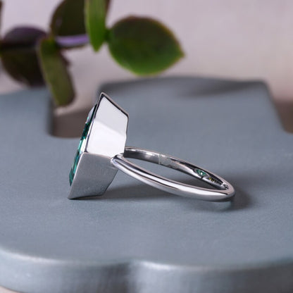 2.30CT Dutch Step Cut Greenish Blue Moissanite Ring, Bezel Set, 18K White Gold