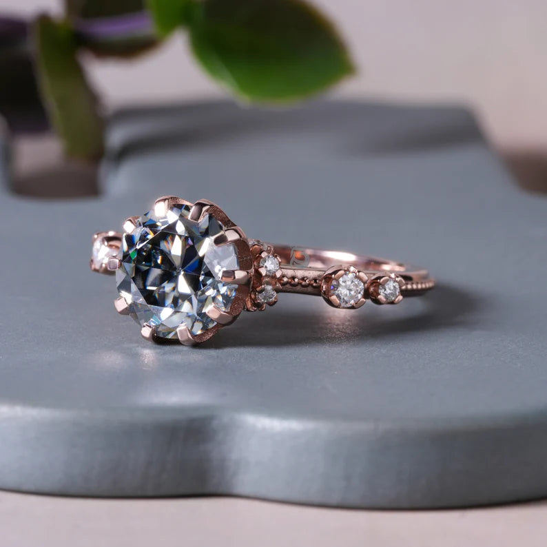 Dark Gray Round OEC Moissanite Engagement Ring, Hidden Halo, 10K Rose Gold