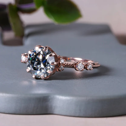 Dark Gray Round OEC Moissanite Engagement Ring, Hidden Halo, 10K Rose Gold