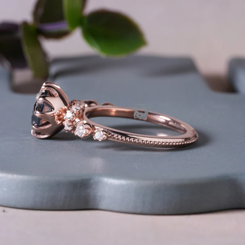 Dark Gray Round OEC Moissanite Engagement Ring, Hidden Halo, 10K Rose Gold