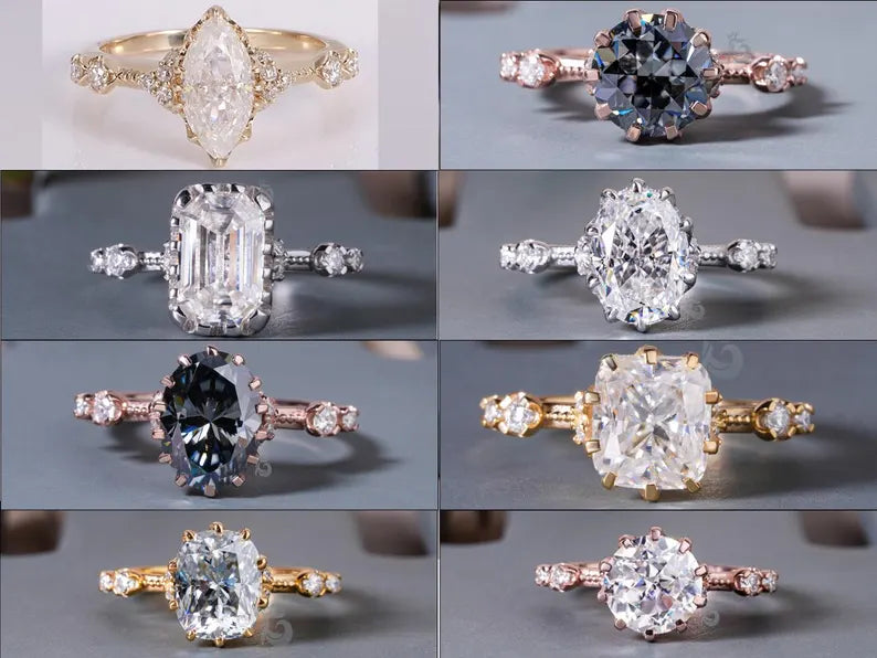 Dark Gray Round OEC Moissanite Engagement Ring, Hidden Halo, 10K Rose Gold