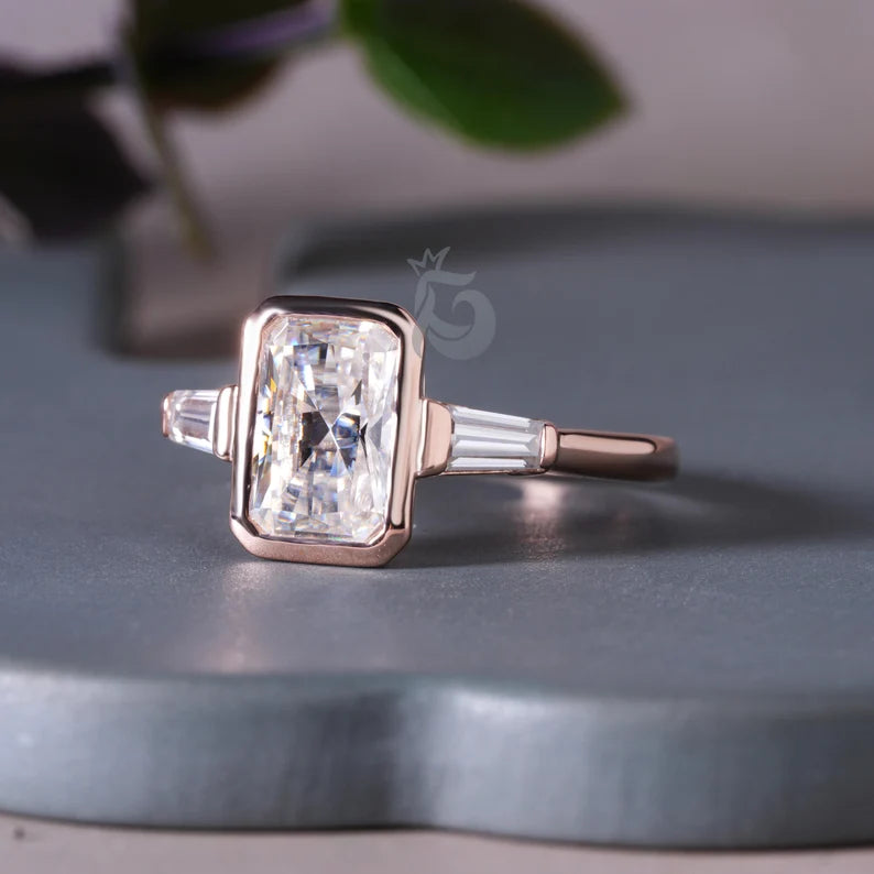 3CT Radiant Cut Moissanite Three Stone Engagement Ring, 10K Bezel Set