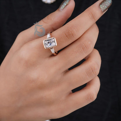 3CT Radiant Cut Moissanite Three Stone Engagement Ring, 10K Bezel Set