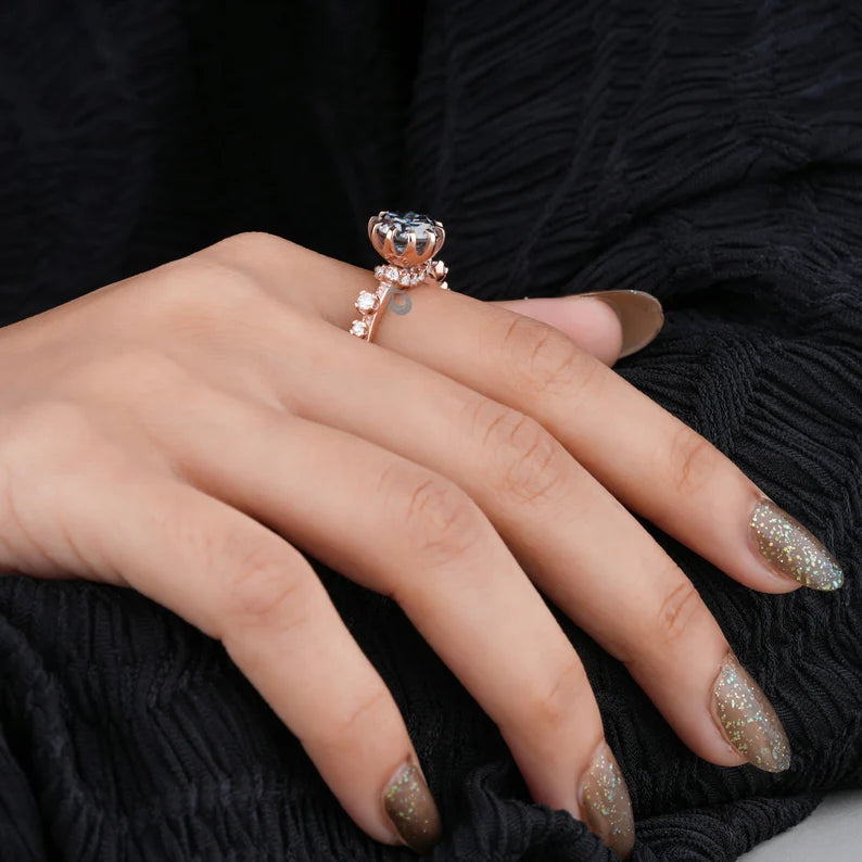 Dark Gray Round OEC Moissanite Engagement Ring, Hidden Halo, 10K Rose Gold