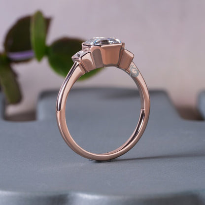 1.5TW Asscher Moissanite Three Stone Bezel Engagement Ring, 14K Rose Gold
