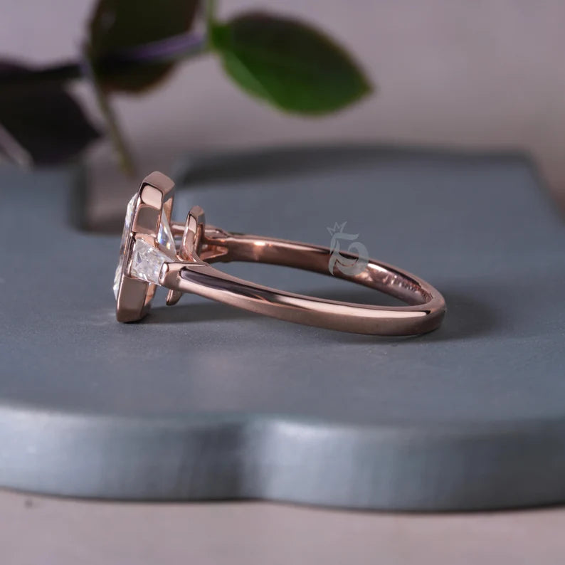 3CT Radiant Cut Moissanite Three Stone Engagement Ring, 10K Bezel Set