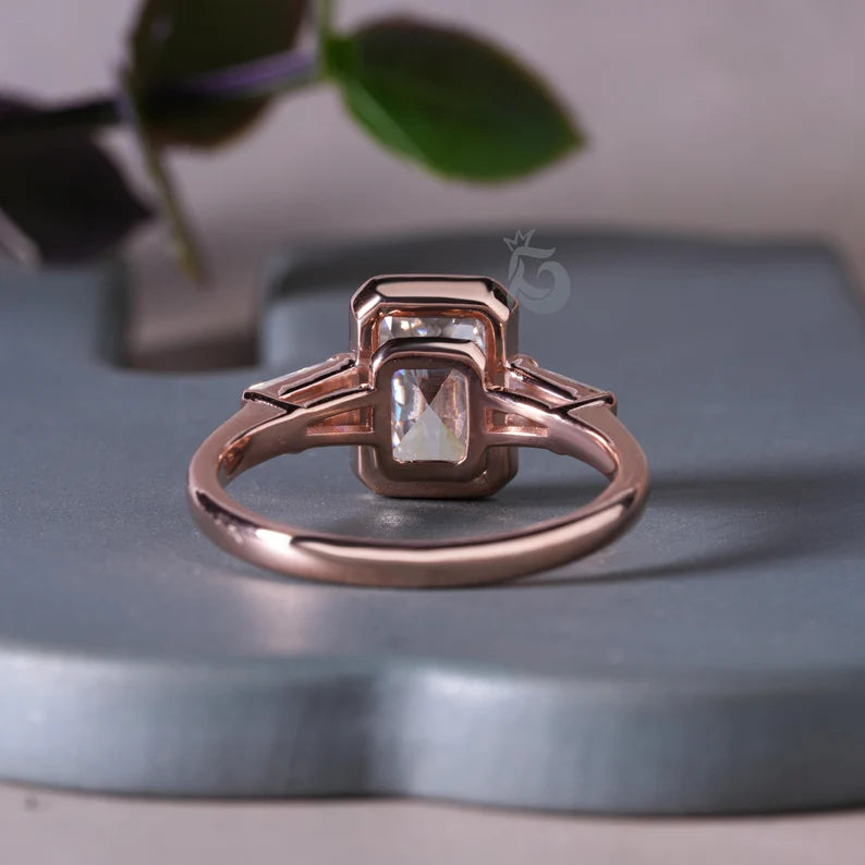 3CT Radiant Cut Moissanite Three Stone Engagement Ring, 10K Bezel Set