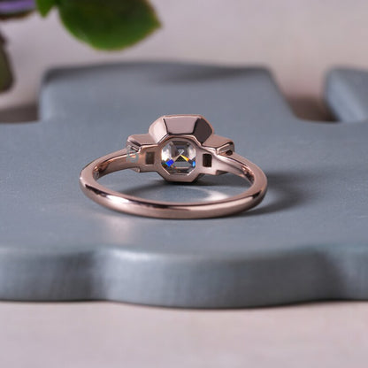 1.5TW Asscher Moissanite Three Stone Bezel Engagement Ring, 14K Rose Gold