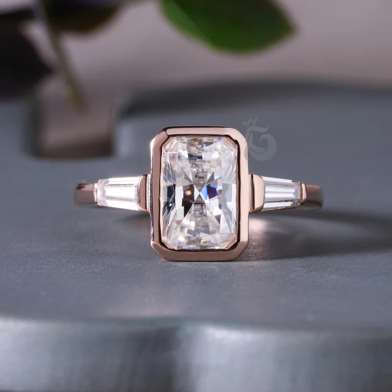 3CT Radiant Cut Moissanite Three Stone Engagement Ring, 10K Bezel Set