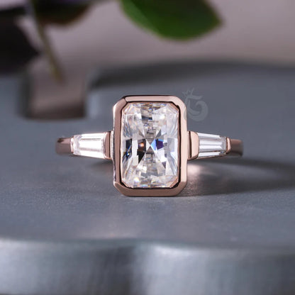 3CT Radiant Cut Moissanite Three Stone Engagement Ring, 10K Bezel Set