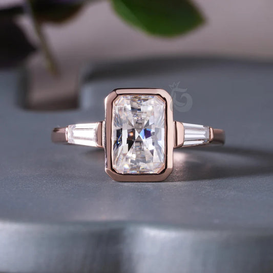 3CT Radiant Cut Moissanite Three Stone Engagement Ring, 10K Bezel Set