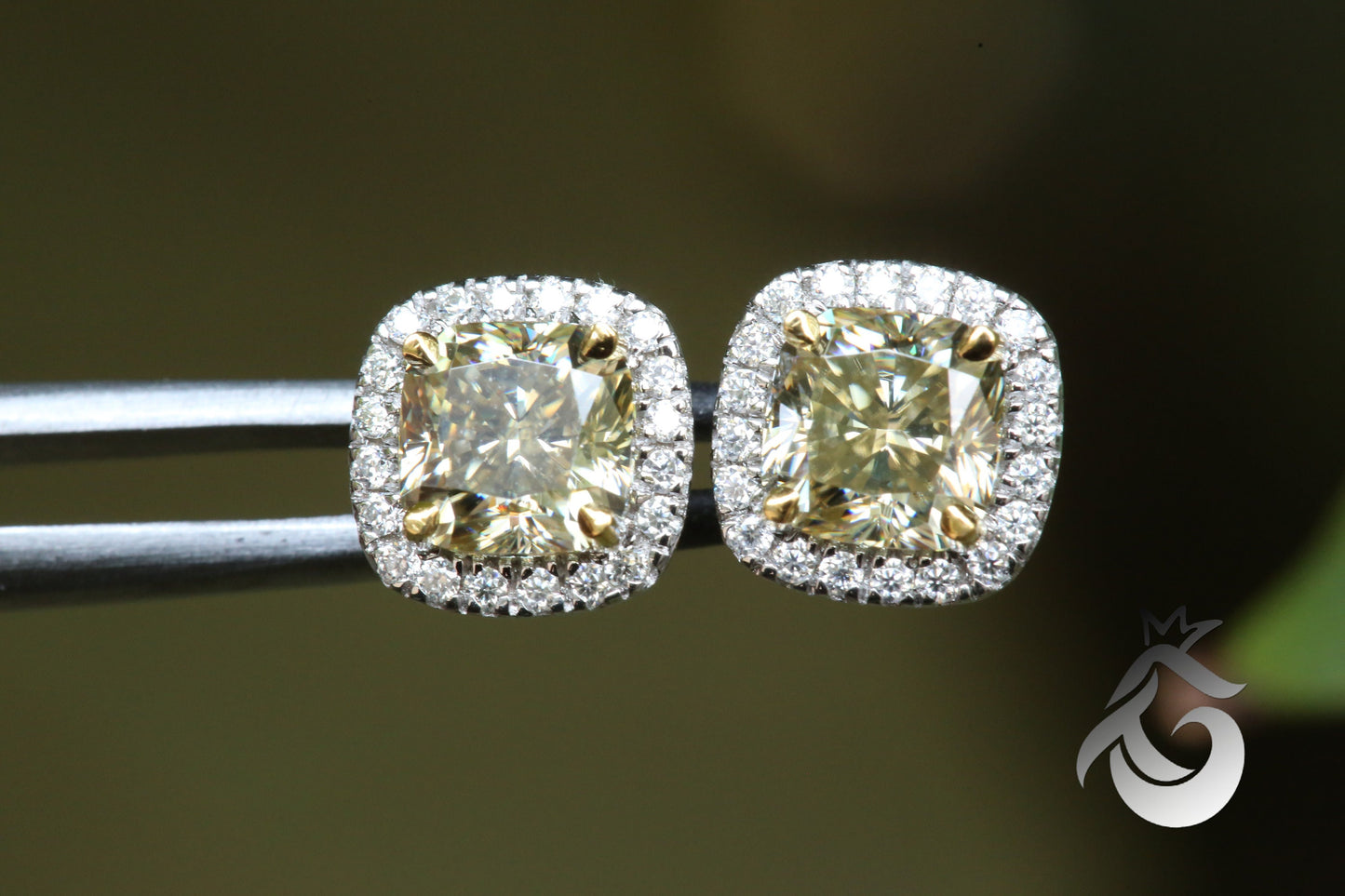 1CT Cushion Cut Canary Yellow Moissanite Halo Stud Earrings – 14K Gold Bridal Jewelry