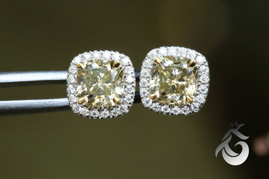 1CT Cushion Cut Canary Yellow Moissanite Halo Stud Earrings – 14K Gold Bridal Jewelry