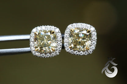 1CT Cushion Cut Canary Yellow Moissanite Halo Stud Earrings – 14K Gold Bridal Jewelry