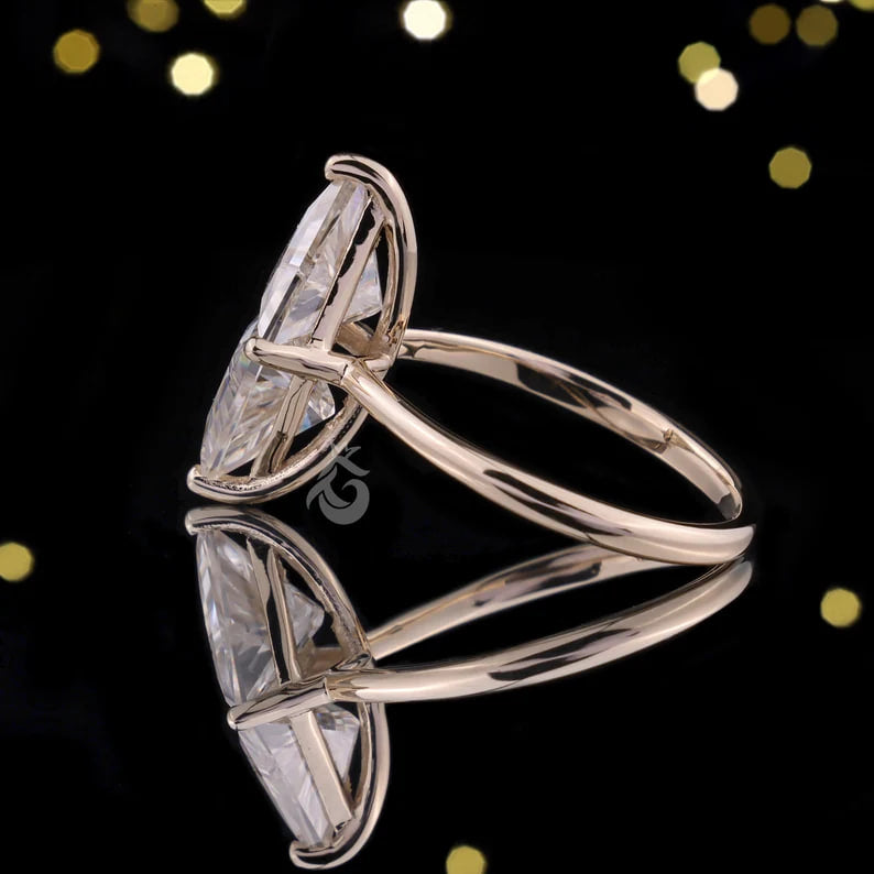 Two Triangle Moissanite Ring, 14K Gold Engagement Band, Lozenge Promise Ring