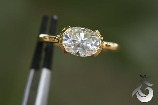 10x8mm Oval Cut Moissanite Engagement Ring in 10K/14K/18K White Gold, Half Bezel Set Solitaire.