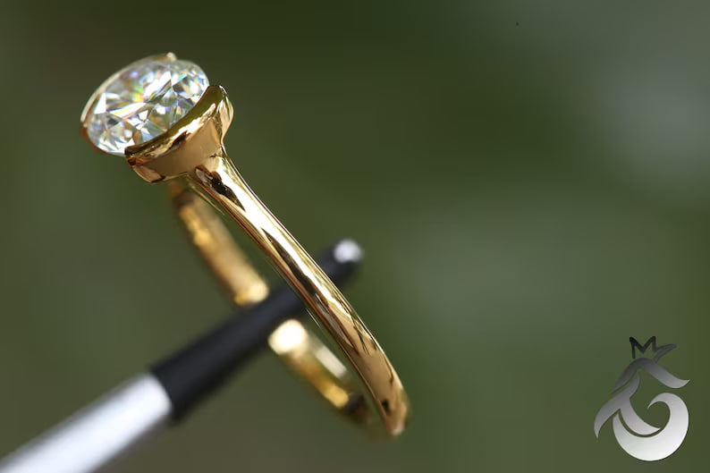 10x8mm Oval Cut Moissanite Engagement Ring in 10K/14K/18K White Gold, Half Bezel Set Solitaire.
