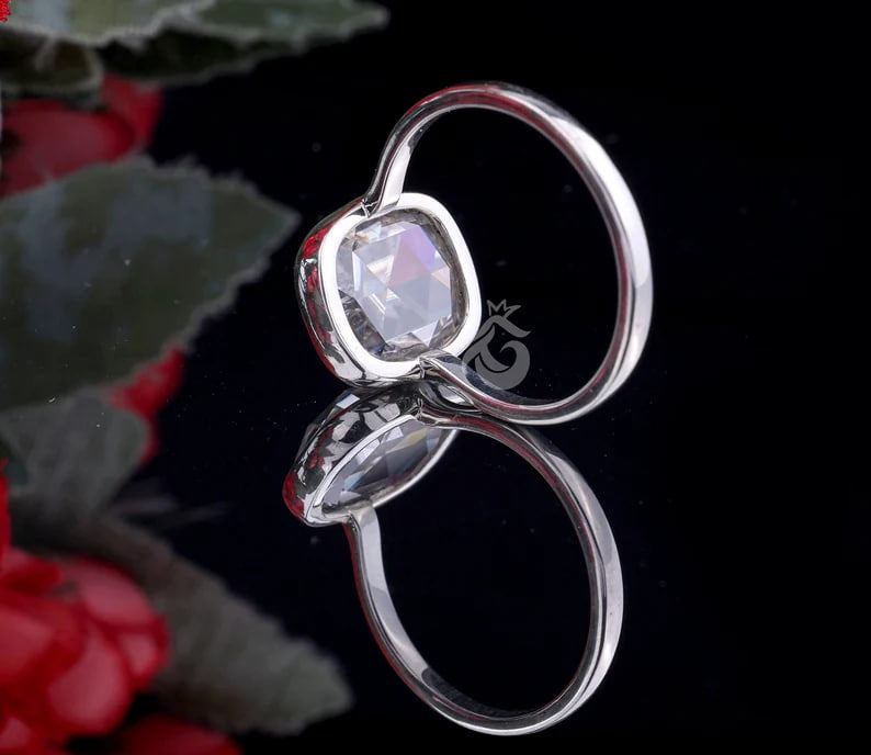 6.62CT Cushion Rose-Cut Moissanite Ring – 14K White Gold Bezel Set Vintage Wedding & Anniversary Ring