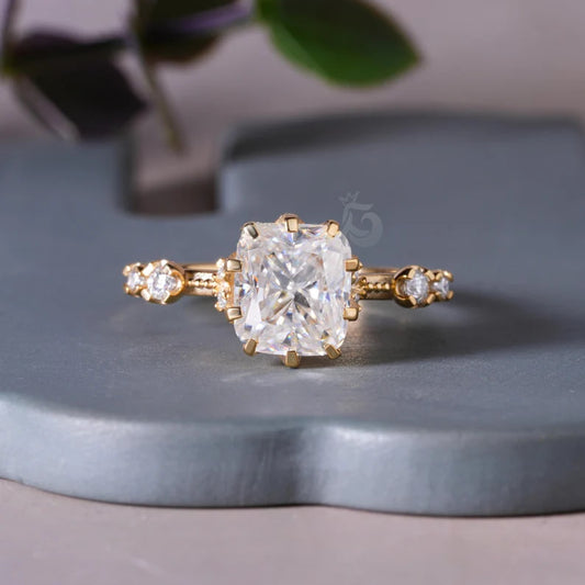 Elongated Cushion Moissanite Hidden Halo Engagement Ring, 18K Yellow Gold