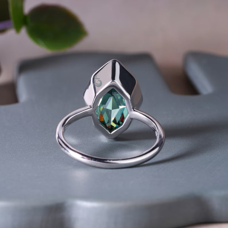 2.30CT Dutch Step Cut Greenish Blue Moissanite Ring, Bezel Set, 18K White Gold