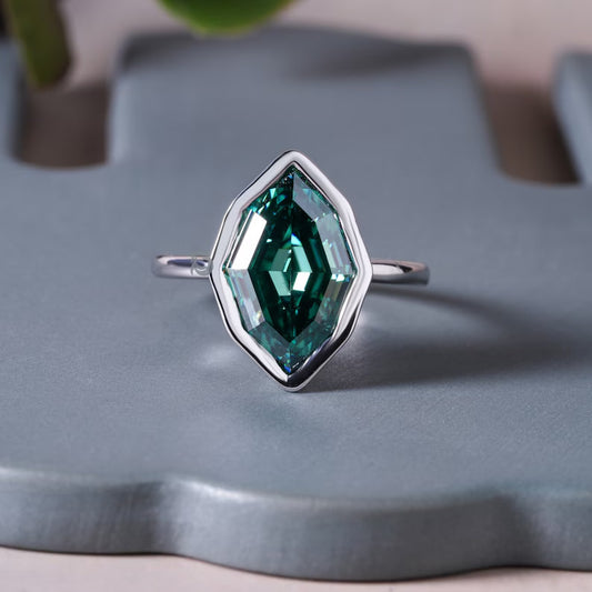 2.30CT Dutch Step Cut Greenish Blue Moissanite Ring, Bezel Set, 18K White Gold