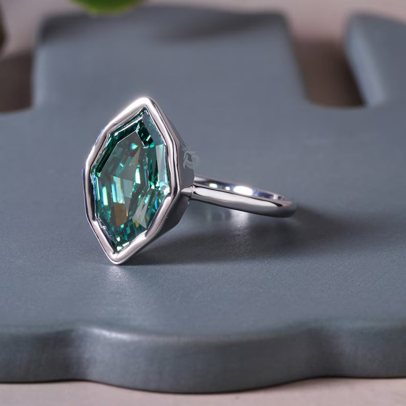 2.30CT Dutch Step Cut Greenish Blue Moissanite Ring, Bezel Set, 18K White Gold