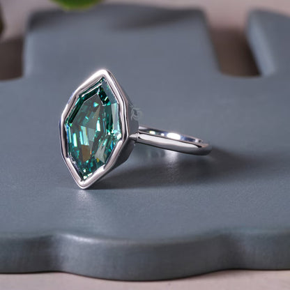 2.30CT Dutch Step Cut Greenish Blue Moissanite Ring, Bezel Set, 18K White Gold