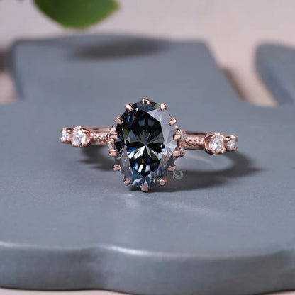 Oval Dark Grey Moissanite Engagement Ring, Hidden Halo, 14K Rose Gold