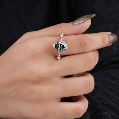 Oval Dark Grey Moissanite Engagement Ring, Hidden Halo, 14K Rose Gold