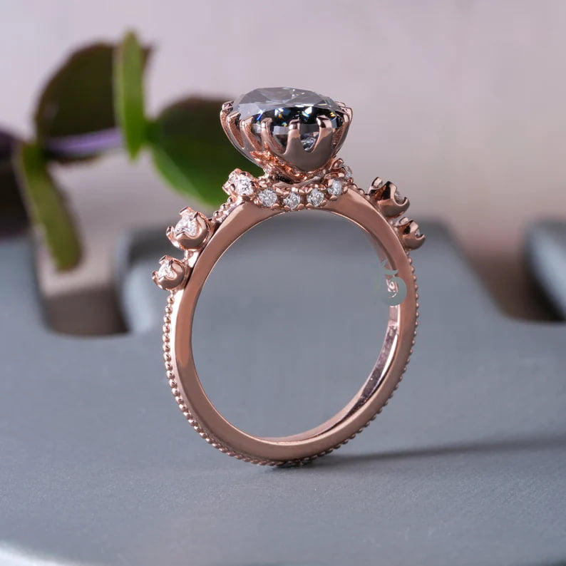 Oval Dark Grey Moissanite Engagement Ring, Hidden Halo, 14K Rose Gold