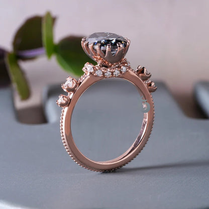 Oval Dark Grey Moissanite Engagement Ring, Hidden Halo, 14K Rose Gold