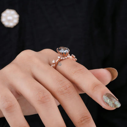Oval Dark Grey Moissanite Engagement Ring, Hidden Halo, 14K Rose Gold