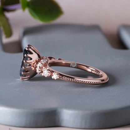 Oval Dark Grey Moissanite Engagement Ring, Hidden Halo, 14K Rose Gold