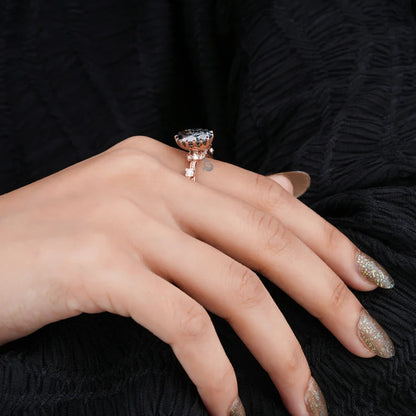 Oval Dark Grey Moissanite Engagement Ring, Hidden Halo, 14K Rose Gold