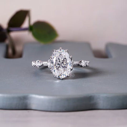 3CT Oval Crushed Ice Moissanite Engagement Ring, Hidden Halo, 10K White Gold