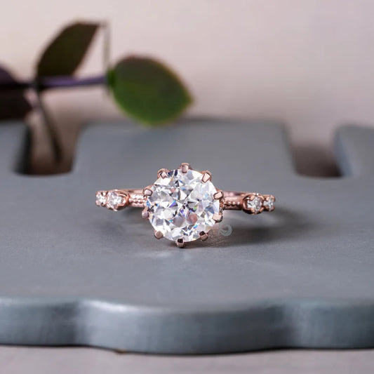 2.70CT Round Translation Cut Moissanite Art Deco Ring, 14K Rose Gold