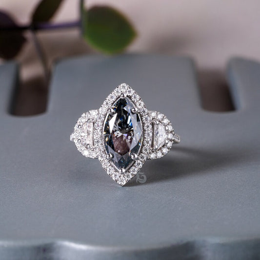 3.5TW Marquise Dark Gray Moissanite Three Stone Ring, 14K White Gold