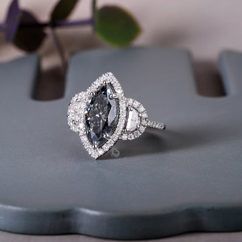 3.5TW Marquise Dark Gray Moissanite Three Stone Ring, 14K White Gold