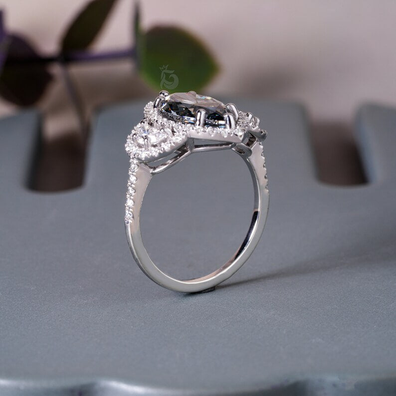 3.5TW Marquise Dark Gray Moissanite Three Stone Ring, 14K White Gold