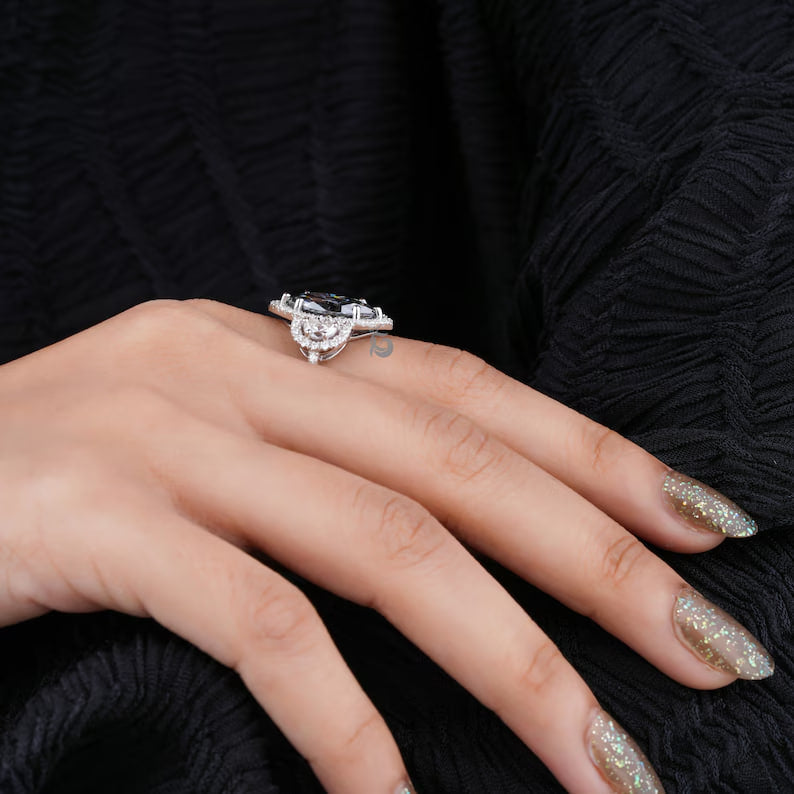 3.5TW Marquise Dark Gray Moissanite Three Stone Ring, 14K White Gold